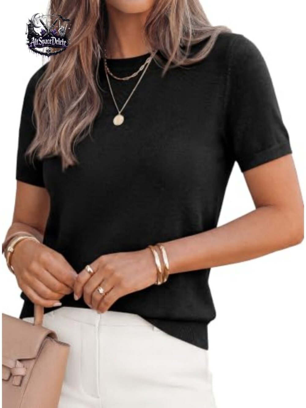 Short Sleeve Knit Pullover Sweater Ribbed Crew Neck Summer Top